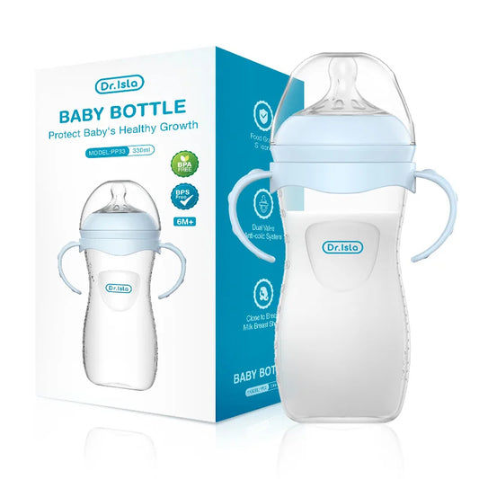 Dr. Isla baby bottle with blue cap and handle next to its packaging on a white background