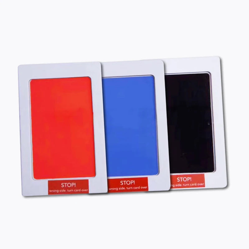 Three card markers in red, blue, and black with 'STOP!' labels on a white background.