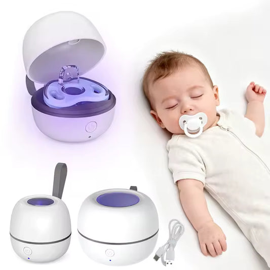 Baby sleeping with a pacifier, surrounded by white and purple electronic devices on a white background