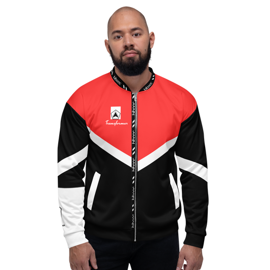 bibooc Man wearing a red, black, and white jacket with a logo on a white background